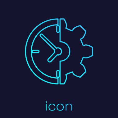 Turkuaz Saat ve vites çizgisi simgesi mavi arka plan üzerinde izole. Zaman Yönetimi sembolü. İş konsepti. Vektör İllüstrasyonu