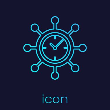 Turkuaz Saat ve vites çizgisi simgesi mavi arka plan üzerinde izole. Zaman Yönetimi sembolü. İş konsepti. Hub ve spokes ve saat katı simgesi. Vektör İllüstrasyonu