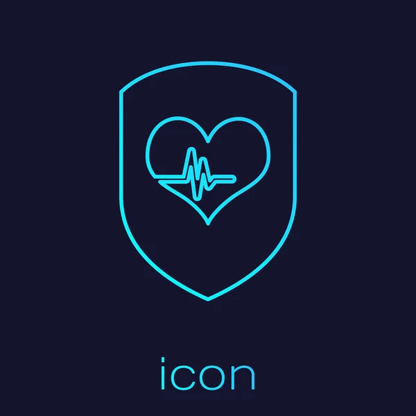 Turquoise Shield and heart rate line icon isolated on blue background. Health protection concept. Health care. Vector Illustration — Stock vektor