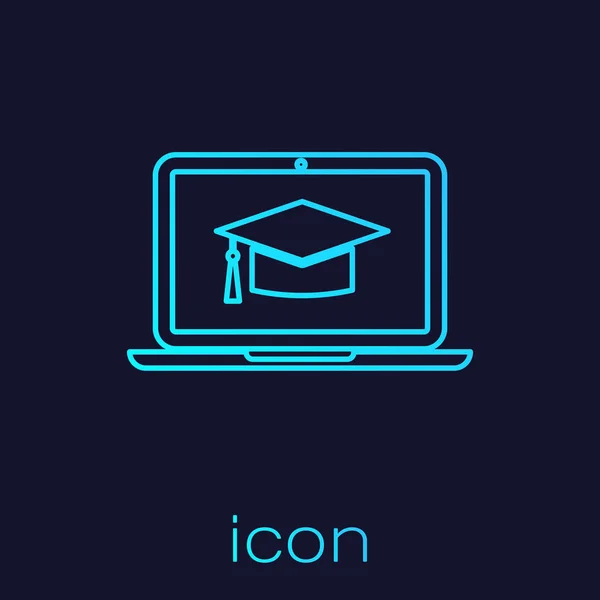 Turquesa Tapa de graduación en la pantalla icono de la línea del ordenador portátil aislado sobre fondo azul. Concepto de aprendizaje en línea o aprendizaje electrónico. Ilustración vectorial — Vector de stock