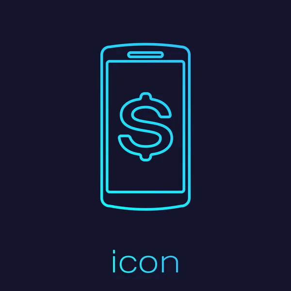 Smartphone turquesa con icono de línea de símbolo de dólar aislado sobre fondo azul. Concepto de compras online. Icono financiero del teléfono móvil. Icono de pago en línea. Ilustración vectorial — Archivo Imágenes Vectoriales