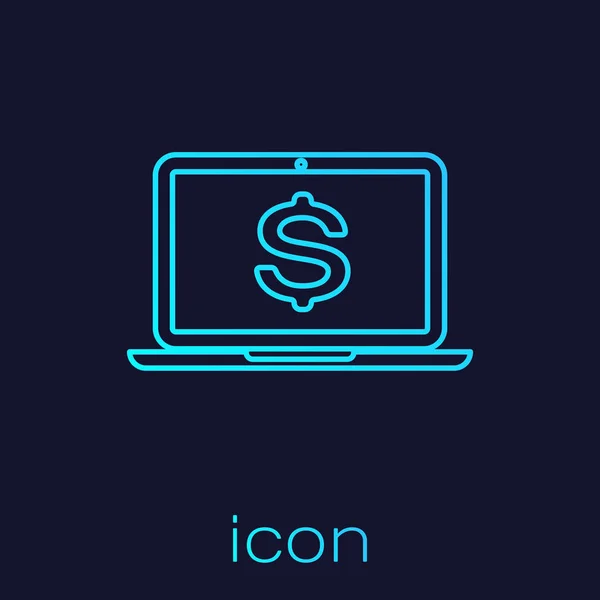 Ordenador portátil de color turquesa con símbolo de dólar icono de línea aislado sobre fondo azul. Concepto de compras online. Concepto económico. Ilustración vectorial — Vector de stock