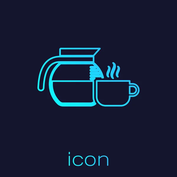 Turquoise koffiepot met Cup lijn icoon geïsoleerd op blauwe achtergrond. Vector illustratie — Stockvector