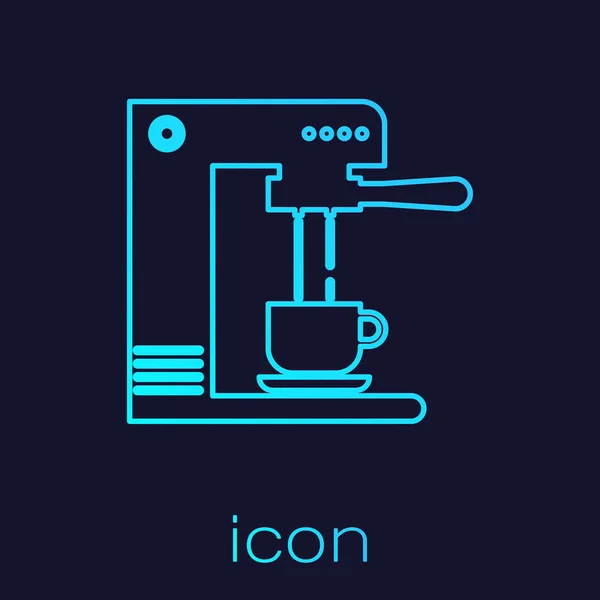 Turquoise koffiemachine en koffie kopje lijn icoon geïsoleerd op blauwe achtergrond. Vector illustratie — Stockvector