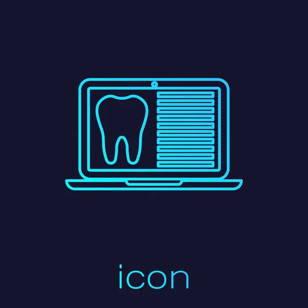 Laptop turquesa com cartão dental ou paciente ícone de linha de registros médicos isolados em fundo azul. Seguro dentário. Relatório da clínica dentária. Ilustração vetorial — Vetor de Stock