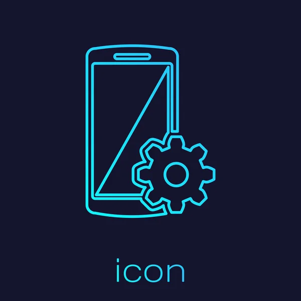 Turquoise Setting on smartphone screen line icon isolated on blue background. Mobile phone and gear sign. Adjusting app, set options, repair, fixing phone concepts. Vector Illustration — Wektor stockowy