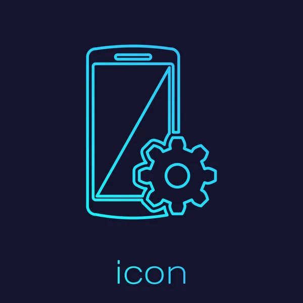 Turquoise Setting on smartphone screen line icon isolated on blue background. Mobile phone and gear sign. Adjusting app, set options, repair, fixing phone concepts. Vector Illustration