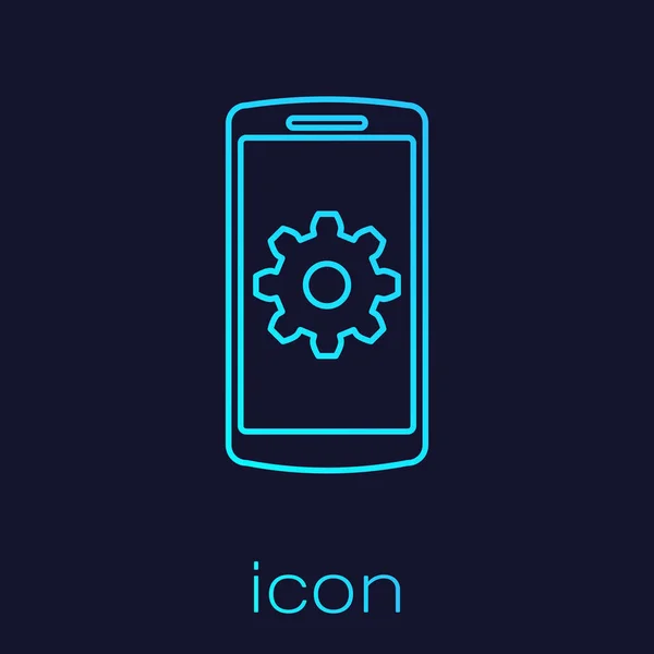 Turquoise Setting on smartphone screen line icon isolated on blue background. Mobile phone and gear sign. Adjusting app, set options, repair, fixing phone concepts. Vector Illustration — Stock vektor