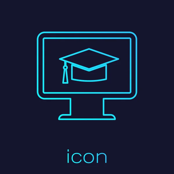 Monitor de computadora turquesa con icono de línea de casquillo de graduación aislado sobre fondo azul. Concepto de aprendizaje en línea o aprendizaje electrónico. Símbolo de conocimiento de Internet. Ilustración vectorial — Vector de stock