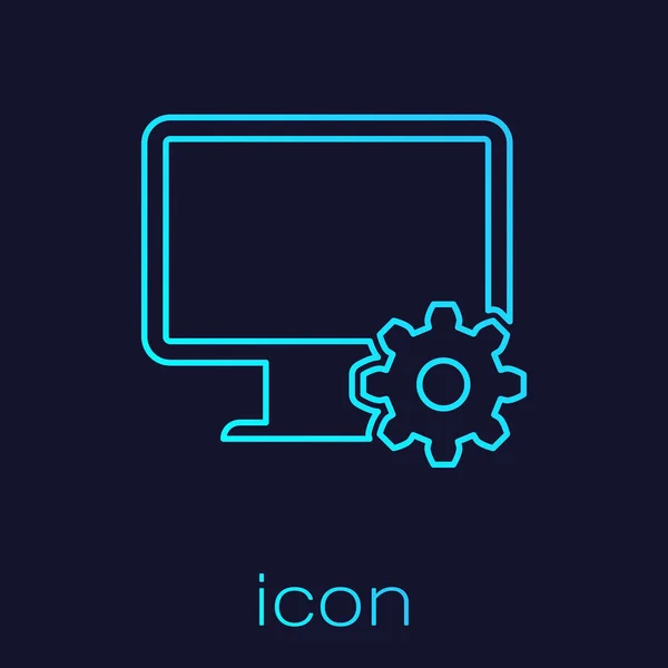 Turquoise Computer monitor and gear line icon isolated on blue background. Adjusting app, setting options, maintenance, repair, fixing monitor concepts. Vector Illustration — Stock Vector