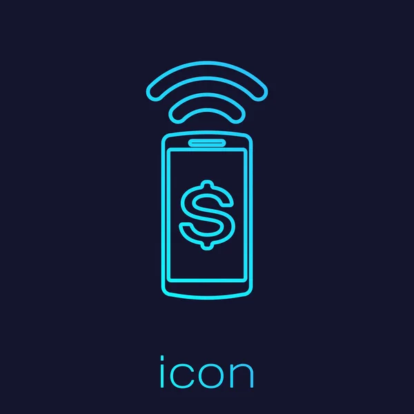 Turchese Contactless icona linea di pagamento isolato su sfondo blu. Tecnologia mobile wallet, nfc, pagamento wireless con smartphone. Illustrazione vettoriale — Vettoriale Stock