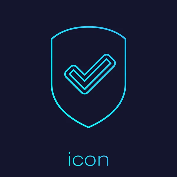 Turquoise Shield with check mark line icon isolated on blue background. Protection symbol. Security check Icon. Tick mark approved icon. Vector Illustration — Stock vektor