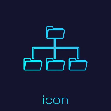 Mavi arka planda yalıtılmış Turkuaz Klasör ağaç çizgi simgesi. Bilgisayar ağı dosya klasörü organizasyon yapısı akış şeması. Vektör İllüstrasyonu