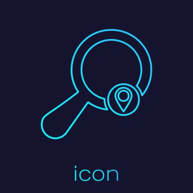 Turquoise Search location line icon isolated on blue background. Magnifying glass with pointer sign. Vector Illustration