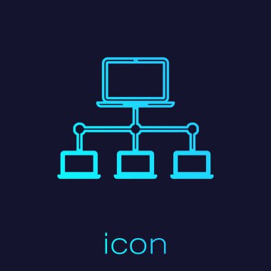 Mavi arka planda yalıtılmış Turkuaz Bilgisayar ağ çizgisi simgesi. Dizüstü bilgisayar ağı. İnternet bağlantısı. Vektör İllüstrasyonu