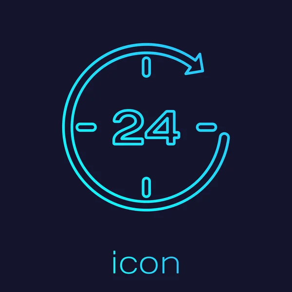 Turkos klocka 24 timmar linje ikon isolerad på blå bakgrund. Cyklisk ikon för hela dagen. 24 timmars service symbol. Vektor illustration — Stock vektor