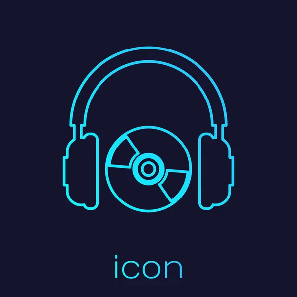 Auriculares turquesa e icono de línea de CD o DVD aislados sobre fondo azul. Señal de auriculares. Símbolo de disco compacto. Ilustración vectorial — Vector de stock