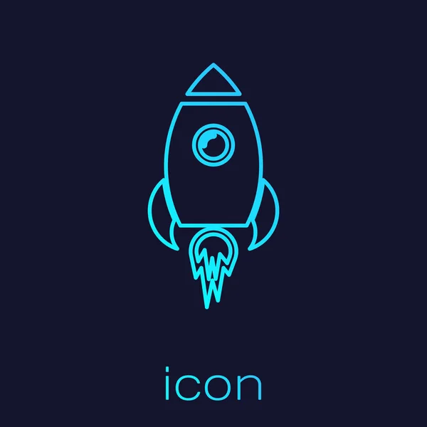 Turquoise Rocket ship with fire line icon isolated on blue background. Space travel. Vector Illustration