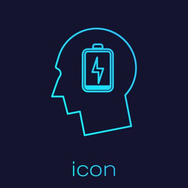 Mavi arka plan üzerinde izole düşük pil hattı simgesi ile Turkuaz Erkek kafa. Yorgun adam. Vektör İllüstrasyonu