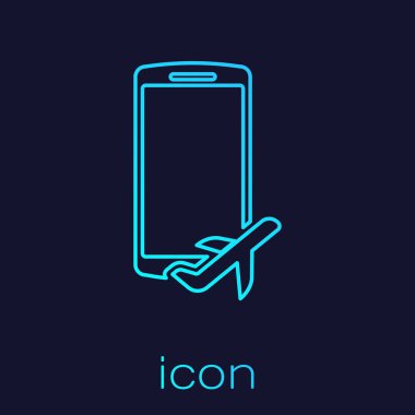 Mavi arka planda yalıtılmış cep telefonu hattı simgesinde Turkuaz Uçuş modu. Uçak veya uçak uçuş çevrimdışı modu yolcu yönetmeliği havayolu . Vektör İllüstrasyonu