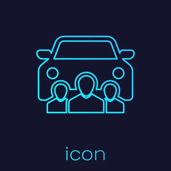 Turquesa Compartir coche con el grupo de personas icono de la línea aislado en el fondo azul. Carsharing signo. Transporte alquiler concepto de servicio. Ilustración vectorial — Archivo Imágenes Vectoriales