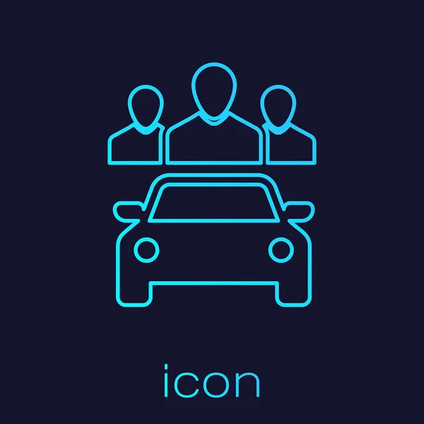 Turquesa Compartir coche con el grupo de personas icono de la línea aislado en el fondo azul. Carsharing signo. Transporte alquiler concepto de servicio. Ilustración vectorial — Archivo Imágenes Vectoriales