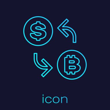 Mavi arka planda yalıtılmış Turkuaz Cryptocurrency döviz satırı simgesi. Bitcoin'den dolar bozdurma simgesine. Kripto para teknolojisi, mobil bankacılık. Vektör İllüstrasyonu