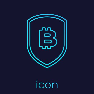 Turquoise Shield with bitcoin line icon isolated on blue background. Cryptocurrency mining, blockchain technology, bitcoin, security, protect, digital money. Vector Illustration