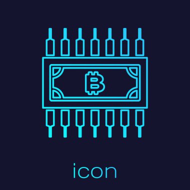Turkuaz Cryptocurrency kavramı bitcoin mavi arka plan üzerinde izole mikroçip devre hattı simgesi ile daire içinde. Blockchain teknolojisi, dijital para piyasası. Vektör İllüstrasyonu