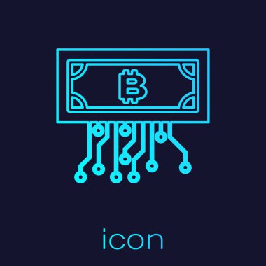 Turkuaz Cryptocurrency kavramı bitcoin mavi arka plan üzerinde izole mikroçip devre hattı simgesi ile daire içinde. Blockchain teknolojisi, dijital para piyasası. Vektör İllüstrasyonu