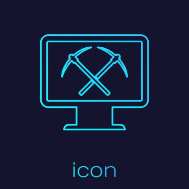 Mavi arka plan üzerinde izole monitör ve kazma hattı simgesi ile Turkuaz Madencilik kavramı. Blockchain teknolojisi, kripto para madenciliği, dijital para piyasası. Vektör İllüstrasyonu