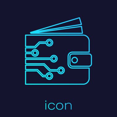 Mavi arka planda yalıtılmış Turkuaz Cryptocurrency cüzdan satır simgesi. Cüzdan ve bitcoin işareti. Madencilik konsepti. Para, ödeme, nakit, ödeme simgesi. Vektör İllüstrasyonu