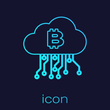 Mavi arka planda yalıtılmış Turkuaz Cryptocurrency bulut madenciliği çizgi simgesi. Blockchain teknolojisi, bitcoin, dijital para piyasası, kripto para cüzdanı. Vektör İllüstrasyonu