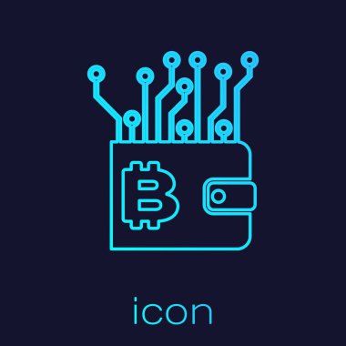 Mavi arka planda yalıtılmış Turkuaz Cryptocurrency cüzdan satır simgesi. Cüzdan ve bitcoin işareti. Madencilik konsepti. Para, ödeme, nakit, ödeme simgesi. Vektör İllüstrasyonu