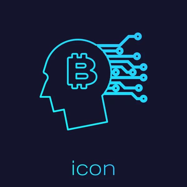 Turkoois Bitcoin think line icoon geïsoleerd op blauwe achtergrond. Cryptogeld hoofd. Blockchain-technologie, bitcoin, digitale geldmarkt, cryptocoin wallet. Vector illustratie — Stockvector