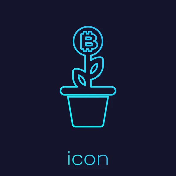 Planta de Bitcoin turquesa en el icono de la línea del pote aislado sobre fondo azul. Concepto de crecimiento de inversión empresarial. Tecnología blockchain, minería criptomoneda. Ilustración vectorial — Vector de stock