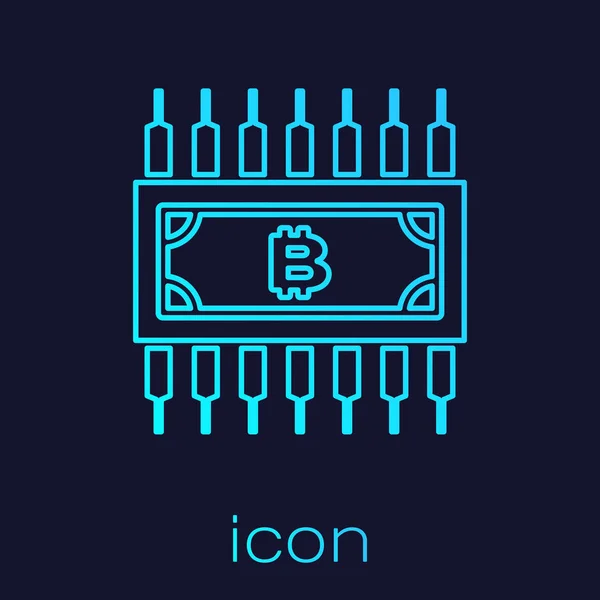 Concepto de criptomoneda turquesa bitcoin en círculo con icono de línea de circuito de microchip aislado sobre fondo azul. Tecnología blockchain, mercado de dinero digital. Ilustración vectorial — Vector de stock