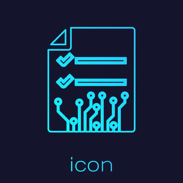 Turquesa Icono de línea de contrato inteligente aislado sobre fondo azul. Tecnología de cadena de bloques, minería criptomoneda, bitcoin, altcoins, mercado de dinero digital. Ilustración vectorial — Vector de stock