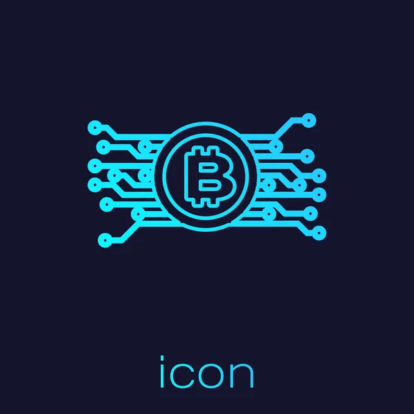 Turkoois Cryptogeld concept bitcoin in cirkel met microchip circuit lijn icoon geïsoleerd op blauwe achtergrond. Blockchain-technologie, digitale geldmarkt. Vector illustratie — Stockvector