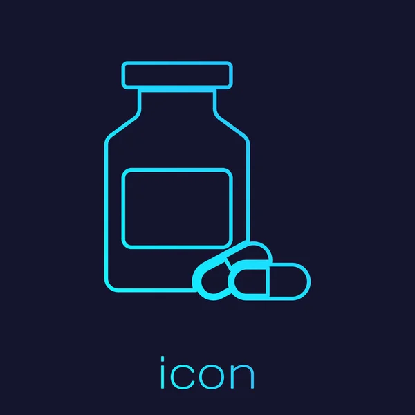 Turchese Medicina bottiglia e pillole linea icona isolata su sfondo blu. Segno della pillola della bottiglia. Design della farmacia. Illustrazione vettoriale — Vettoriale Stock