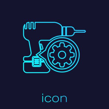 Turkuaz Matkap makinesi ve dişli hattı simgesi mavi arka plan üzerinde izole. Uygulama, servis konsepti, ayar seçenekleri, bakım, onarım, sabitleme ayarlama. Vektör İllüstrasyonu