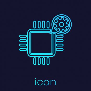 Turkuaz İşlemci ve vites çizgisi simgesi mavi arka planda yalıtılmış. Cpu, çip servis konsepti. Uygulamanın ayarlanması, seçenekleri ayarlama, bakım, onarım, sabitleme. Vektör İllüstrasyonu