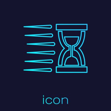 Mavi arka plan üzerinde izole akan kum çizgisi simgesi ile Turkuaz Eski kum saati. Kum saati işareti. İş ve zaman yönetimi kavramı. Vektör İllüstrasyonu