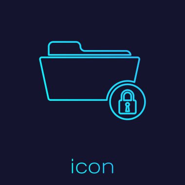 Turkuaz Klasör ve kilit çizgisi simgesi mavi arka planda yalıtılmış. Kapalı klasör ve asma kilit. Güvenlik, güvenlik, koruma konsepti. Vektör İllüstrasyonu