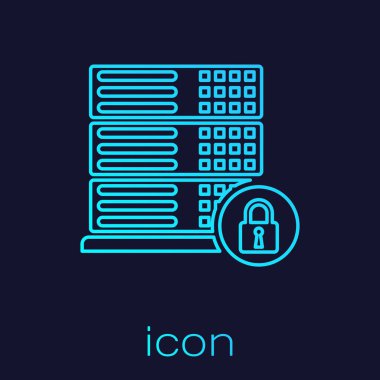 Turquoise Server security with closed padlock line icon isolated on blue background. Security, safety, protection concept. Vector Illustration