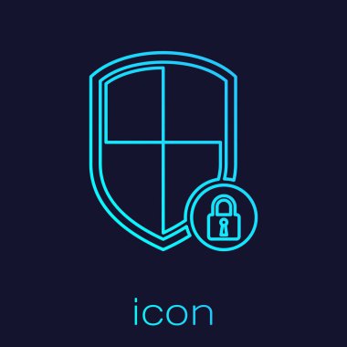 Turquoise Shield security with lock line icon isolated on blue background. Protection, safety, password security. Firewall access privacy sign. Vector Illustration