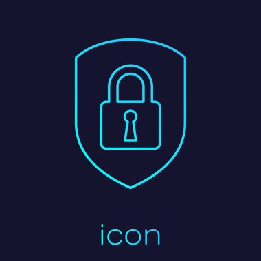 Turquoise Shield security with lock line icon isolated on blue background. Protection, safety, password security. Firewall access privacy sign. Vector Illustration