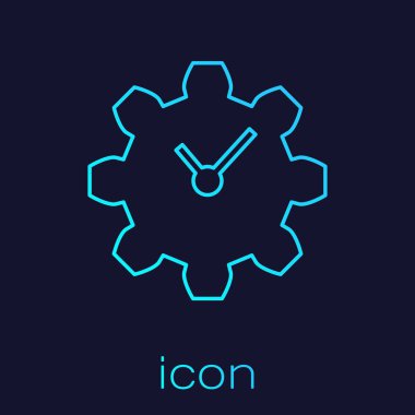 Mavi arka planda yalıtılmış Turkuaz Zaman Yönetimi çizgi simgesi. Saat ve dişli işareti. Verimlilik sembolü. Vektör İllüstrasyonu