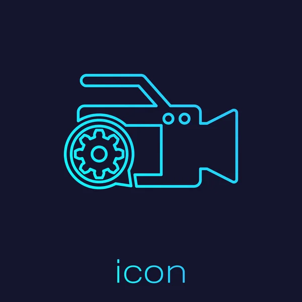 Turquoise Video camera and gear line icon isolated on blue background. Adjusting app, service concept, setting options, maintenance, repair, fixing. Vector Illustration — Stock Vector