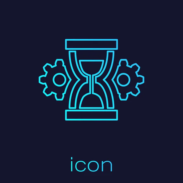 Turquoise Hourglass and gear line icon isolated on blue background. Time Management symbol. Clock and gear icon. Productivity symbol. Vector Illustration — Stock Vector
